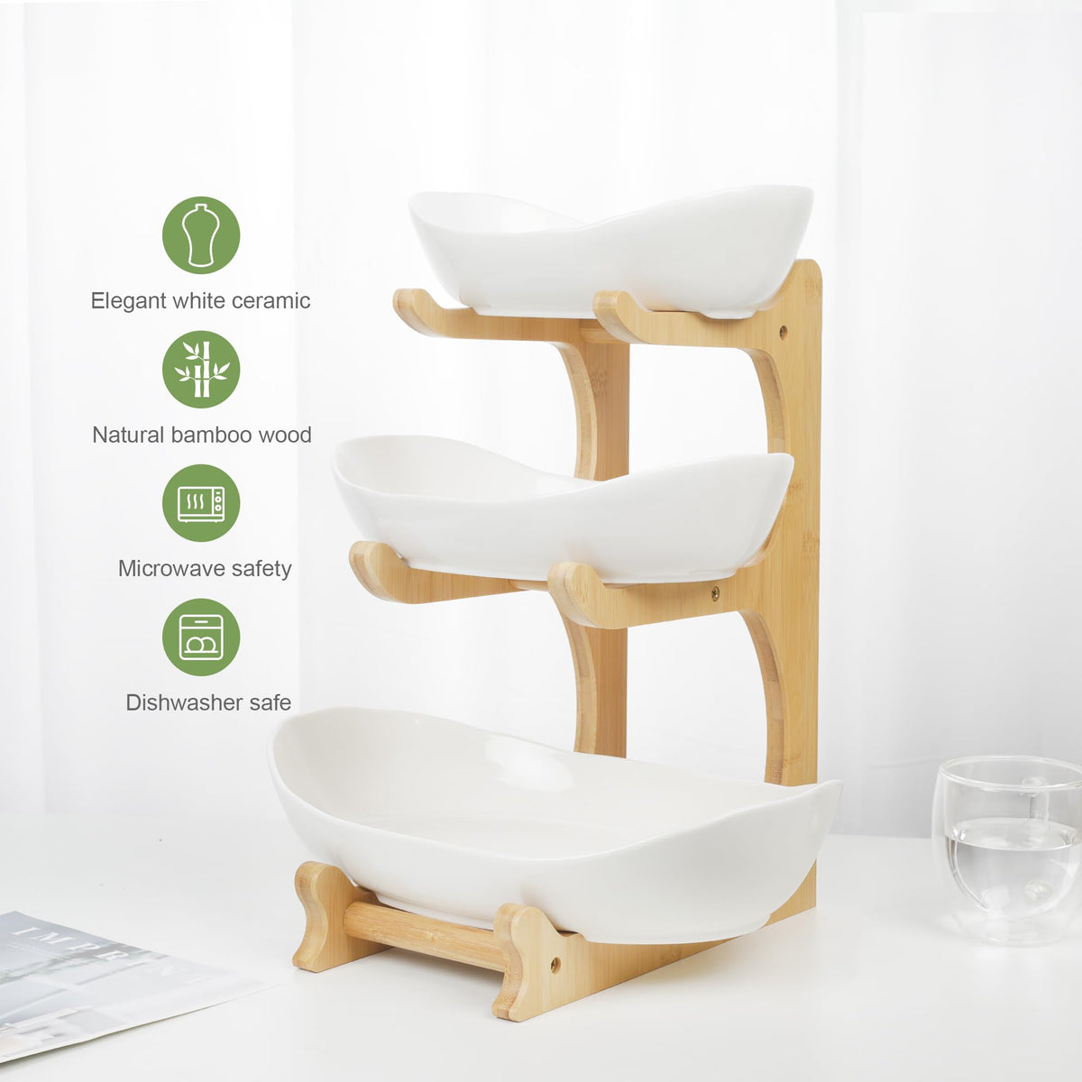 3 Tier Ceramic Fruit Bowl with Bamboo Stand R9760