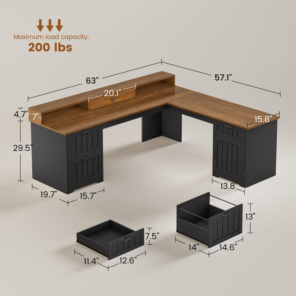 63" L Shaped Desk with Drawers and Storage Cabinet A852