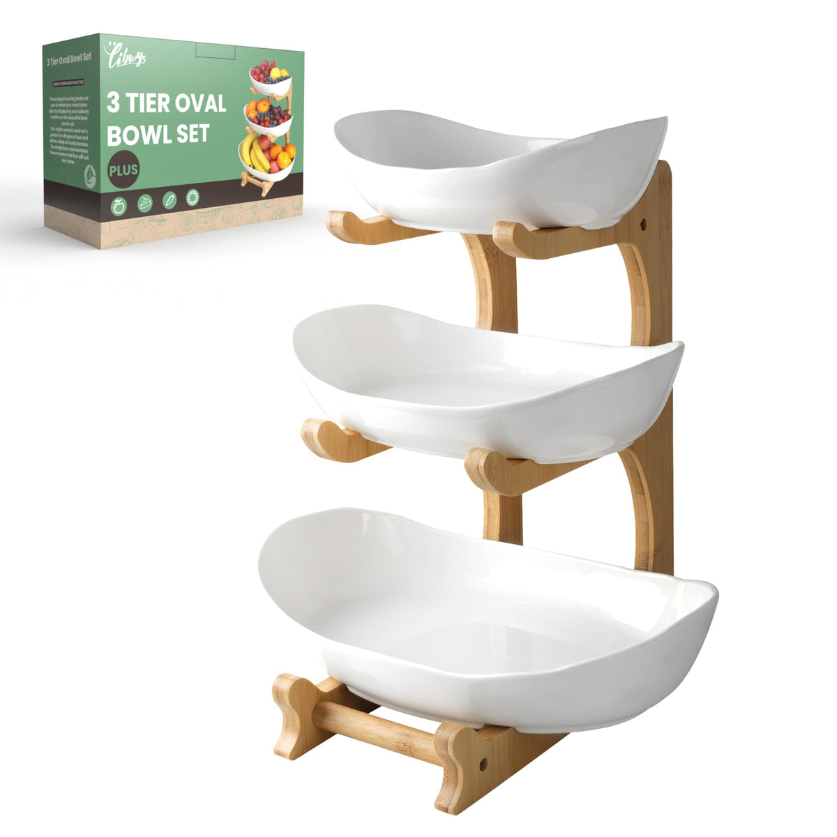 3 Tier Ceramic Fruit Bowl with Bamboo Stand R9760