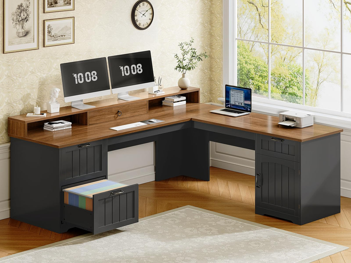 63" L Shaped Desk with Drawers and Storage Cabinet A852