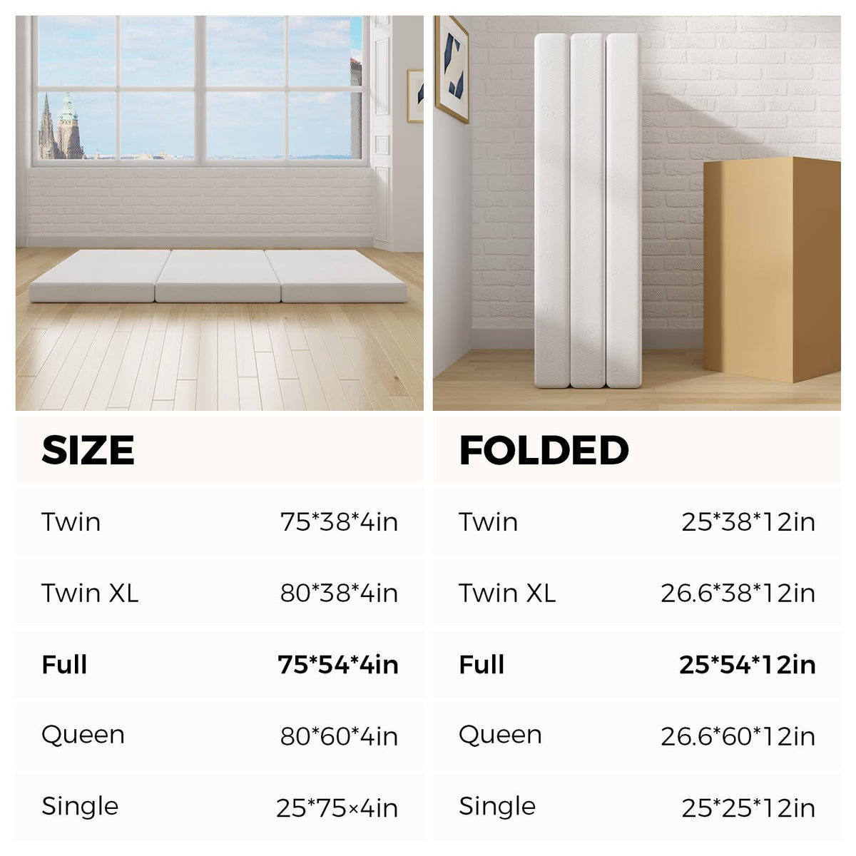 4 Inch Memory Foam Tri-fold Mattress Topper Y595