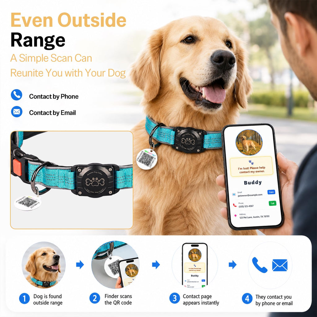 Blue IP68 Waterproof Reflective Dog Collar with AirTag Holder J205