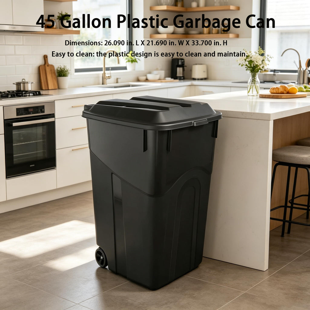 Black 45 Gallon Wheeled Plastic Garbage Can with Lid V6385