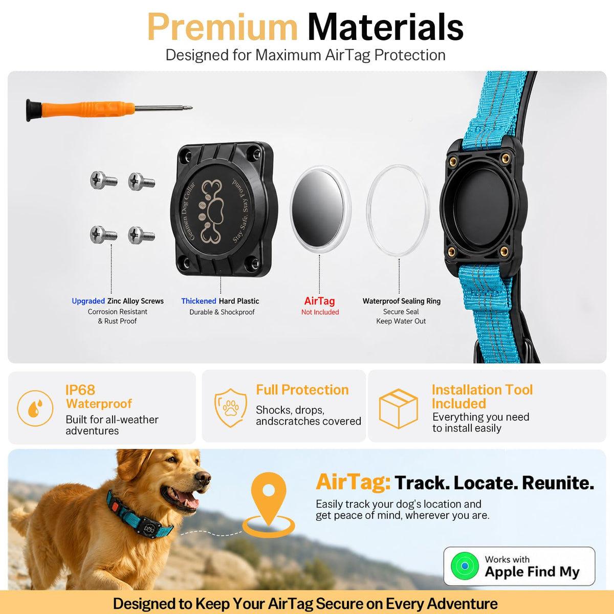 Blue IP68 Waterproof Reflective Dog Collar with AirTag Holder J205