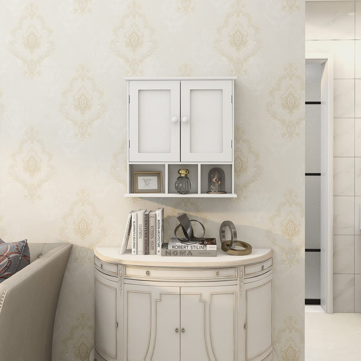 White Bathroom Wall Cabinet with 2 Door Adjustable Shelves H6885