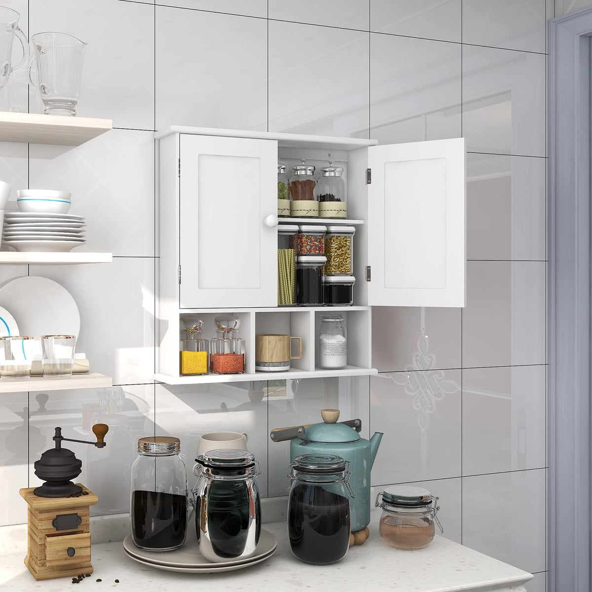 White Bathroom Wall Cabinet with 2 Door Adjustable Shelves H6885