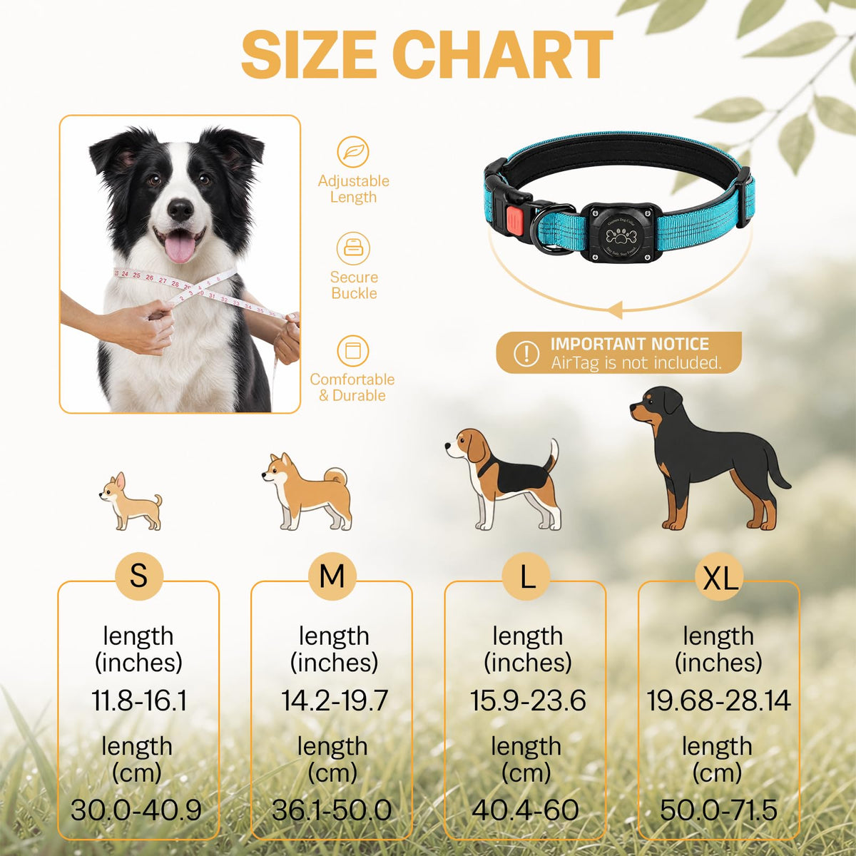 Blue IP68 Waterproof Reflective Dog Collar with AirTag Holder J205