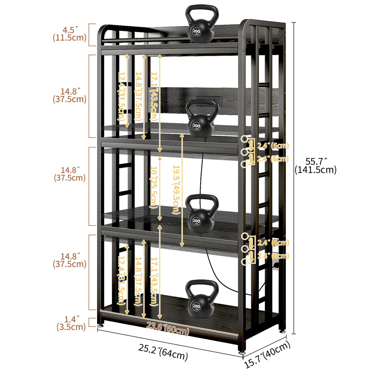 Black 4-Tier Kitchen Bakers Rack with Power Outlet and Lockable Wheels E7417