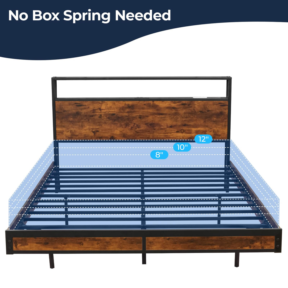 Queen Size Metal Platform Bed Frame with Storage Headboard A842