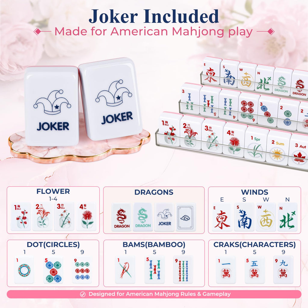 American Mahjong Set 166 Mini 0.8-Inch Tiles 4 Racks Pink Q476668