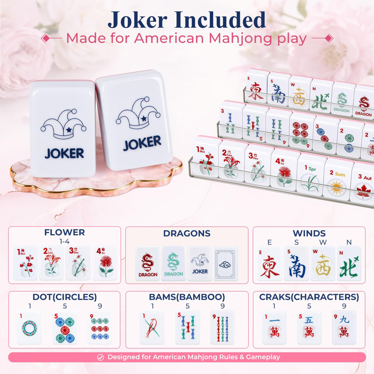 American Mahjong Set 166 Mini 0.8-Inch Tiles 4 Racks Pink Q476668