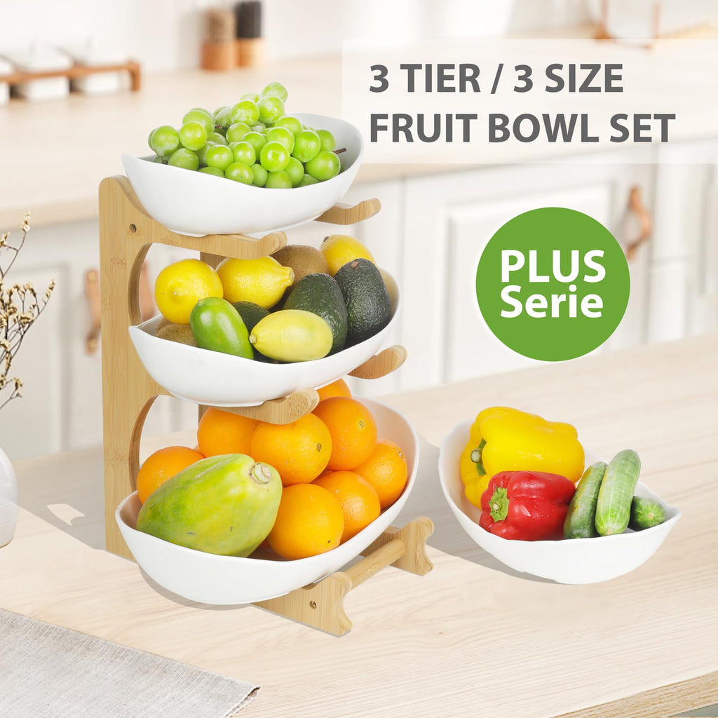 3 Tier Ceramic Fruit Bowl with Bamboo Stand R9760