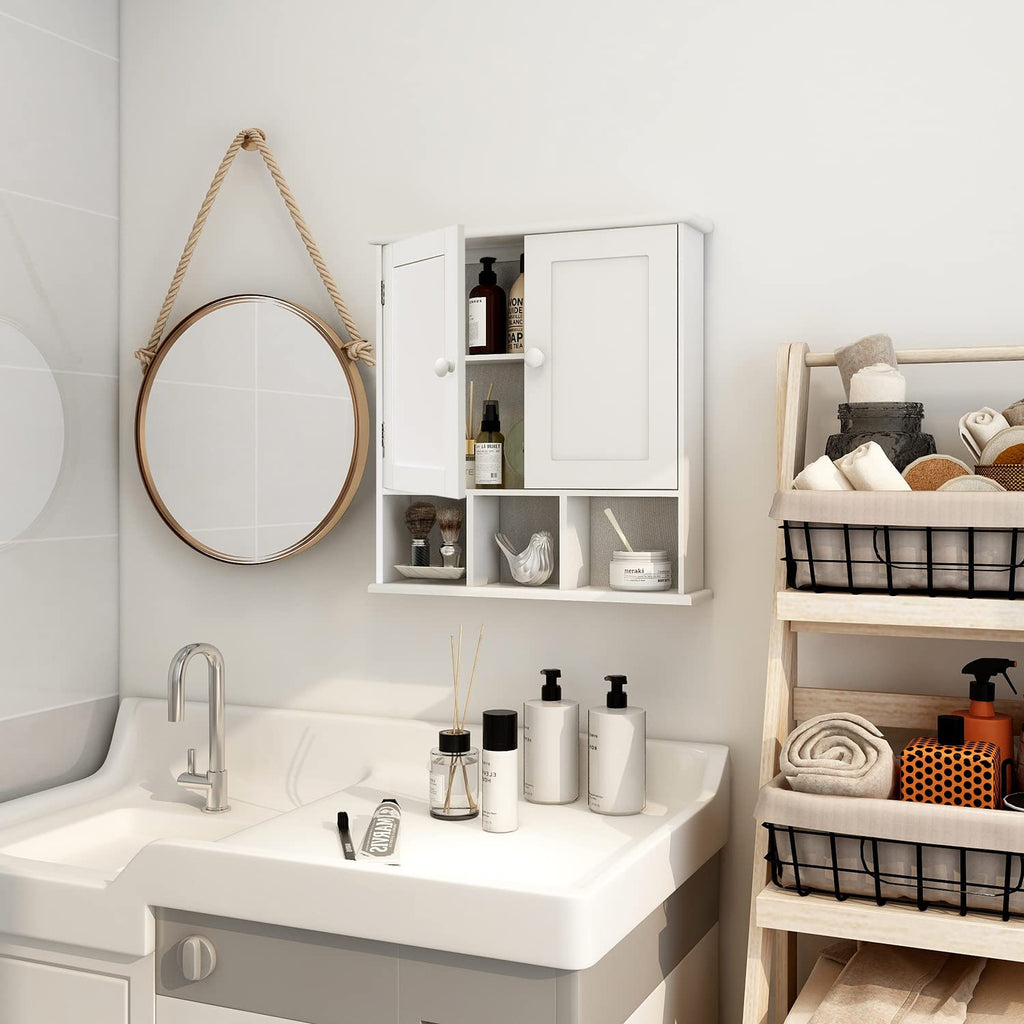 White Bathroom Wall Cabinet with 2 Door Adjustable Shelves H6885
