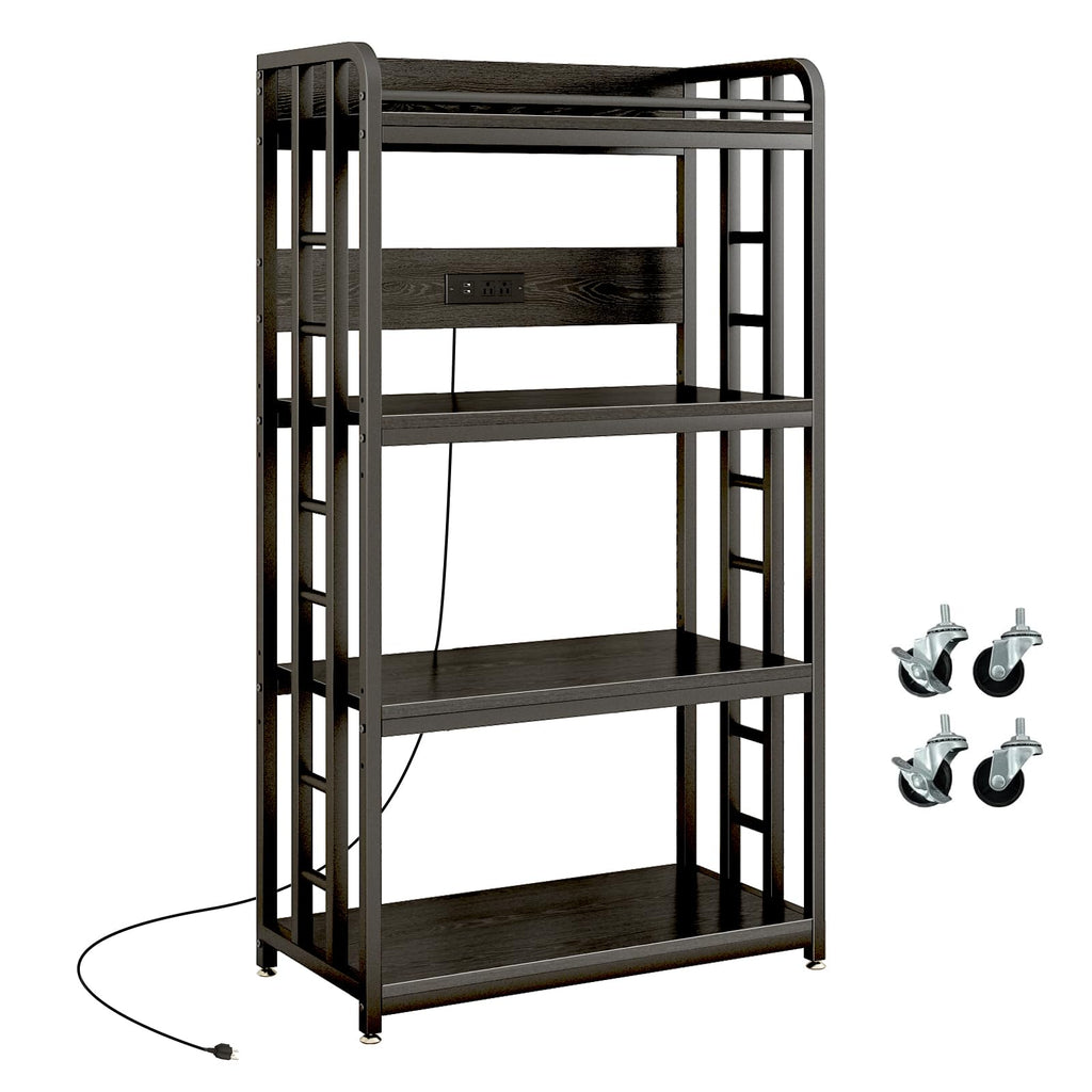 Black 4-Tier Kitchen Bakers Rack with Power Outlet and Lockable Wheels E7417