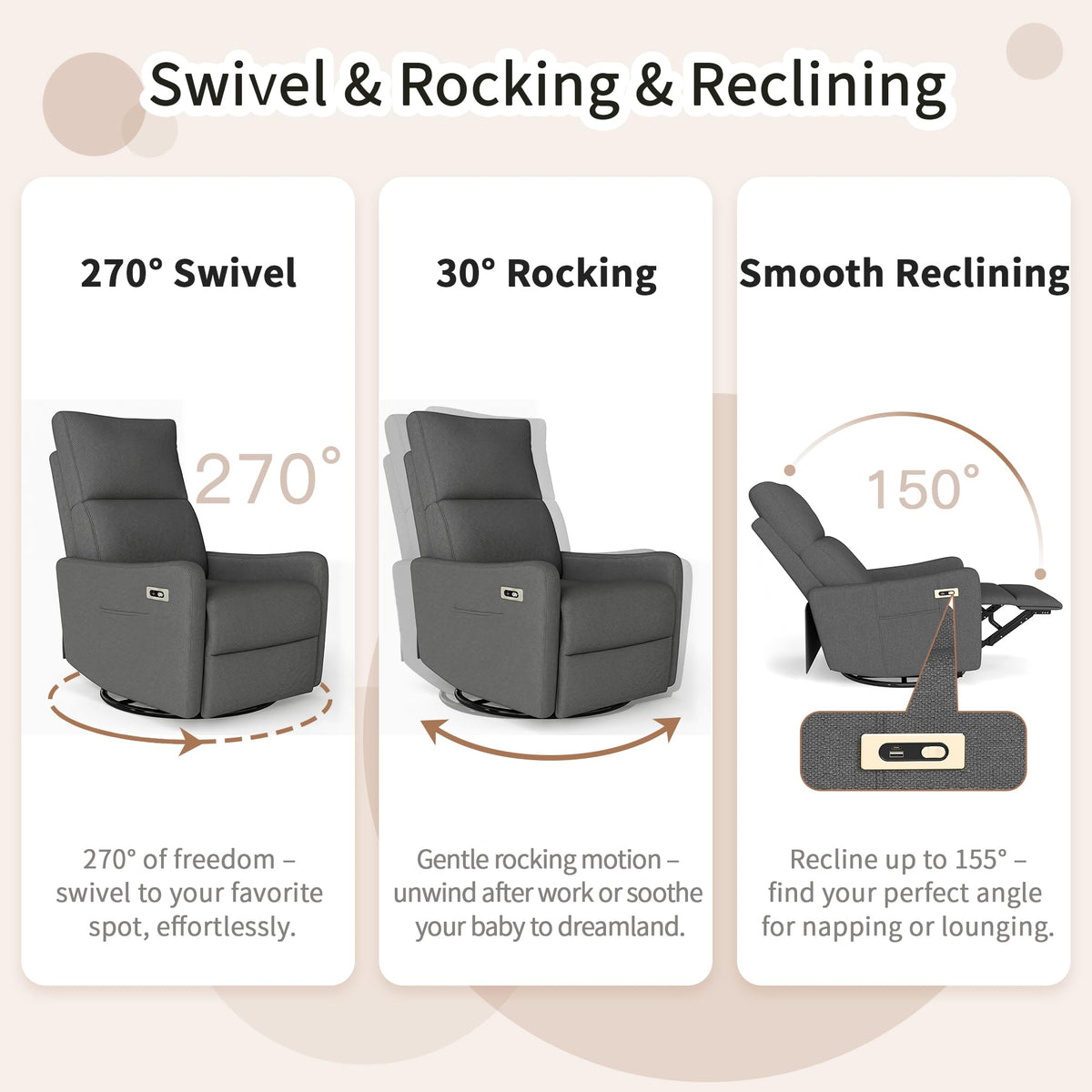 Dark Gray Velvet Swivel Rocker Chair F89676
