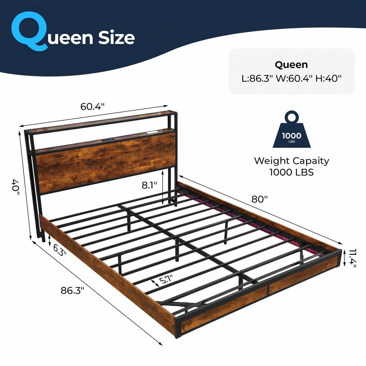 Queen Size Metal Platform Bed Frame with Storage Headboard A842
