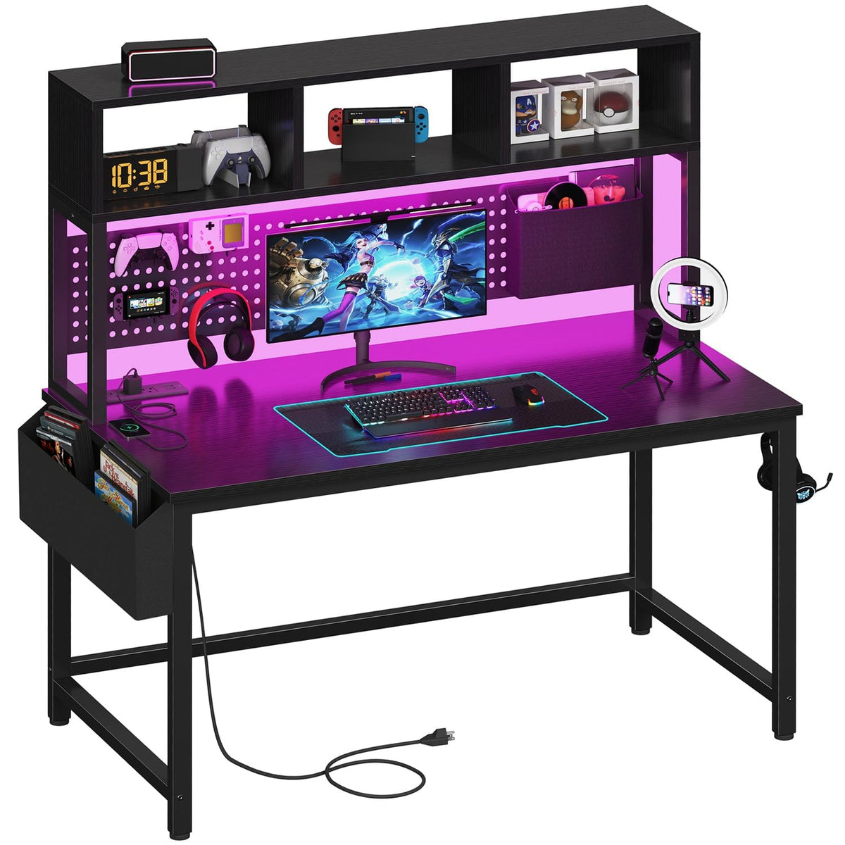 Black 47 Inch Gaming Desk with Hutch and Pegboard V809839