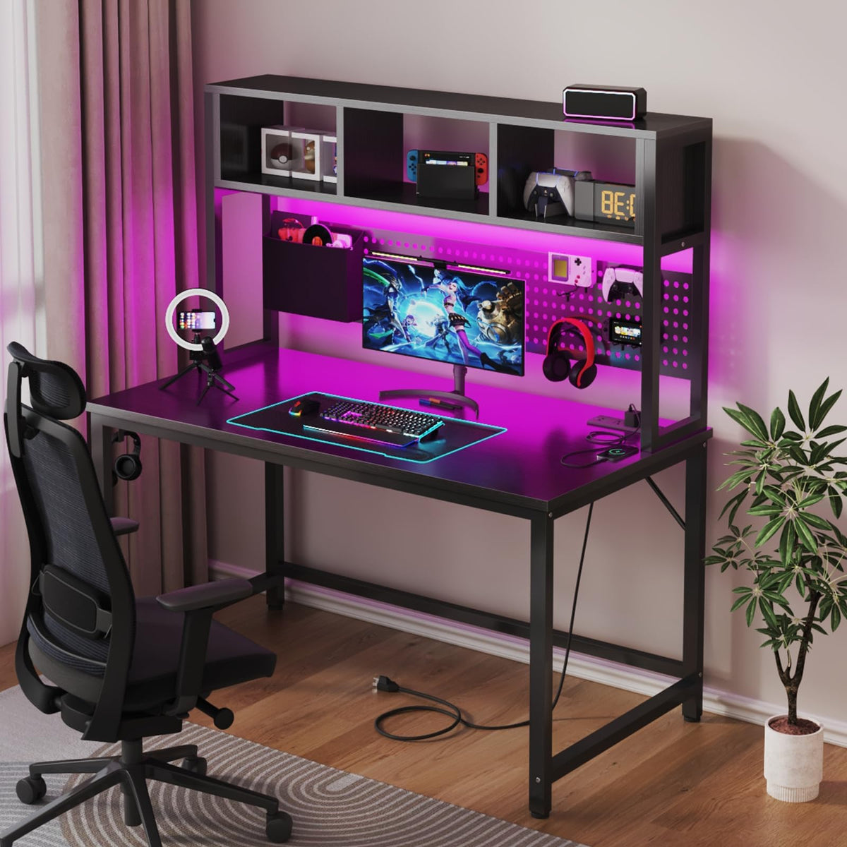 Black 47 Inch Gaming Desk with Hutch and Pegboard V809839