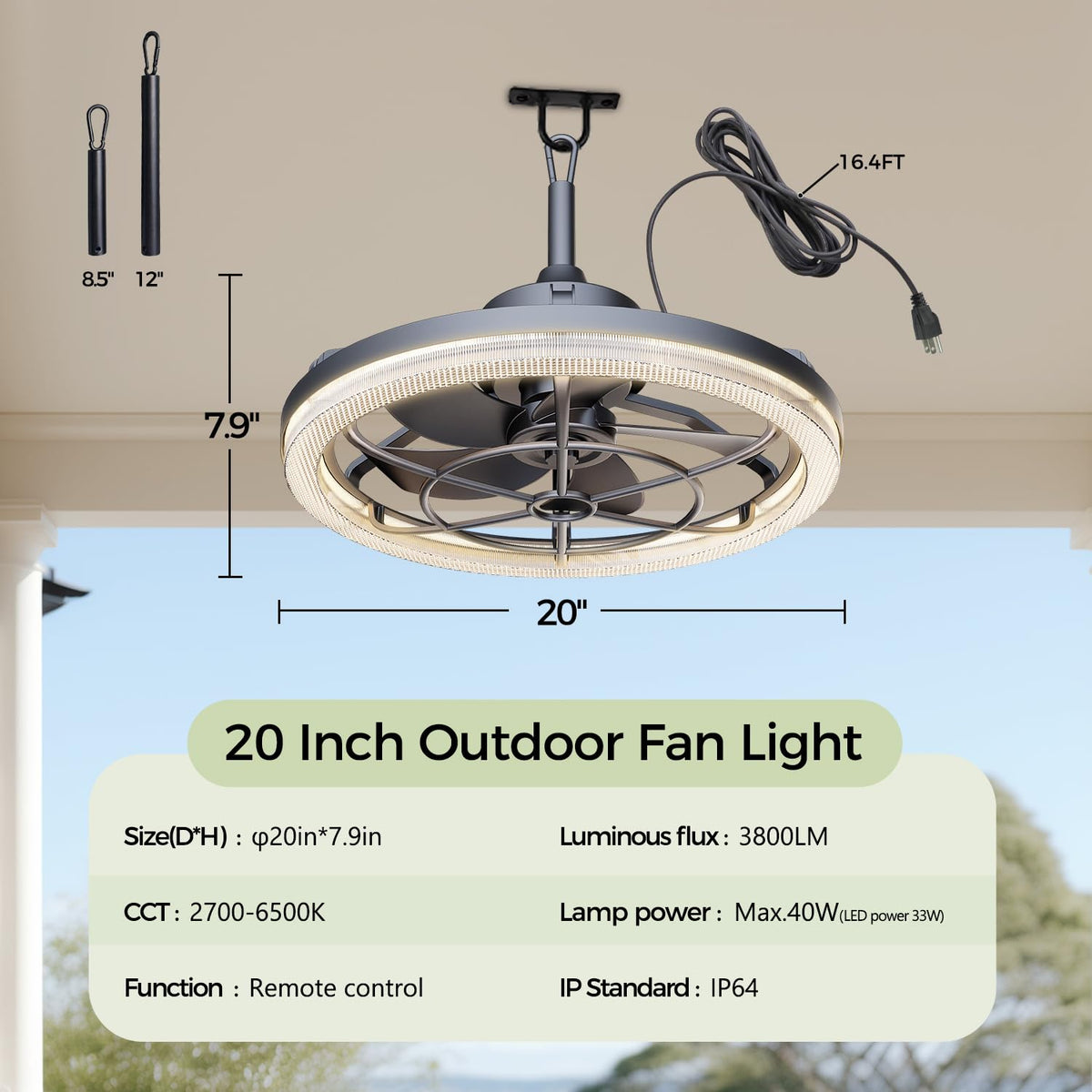 20" Outdoor Ceiling Fan with Light S654