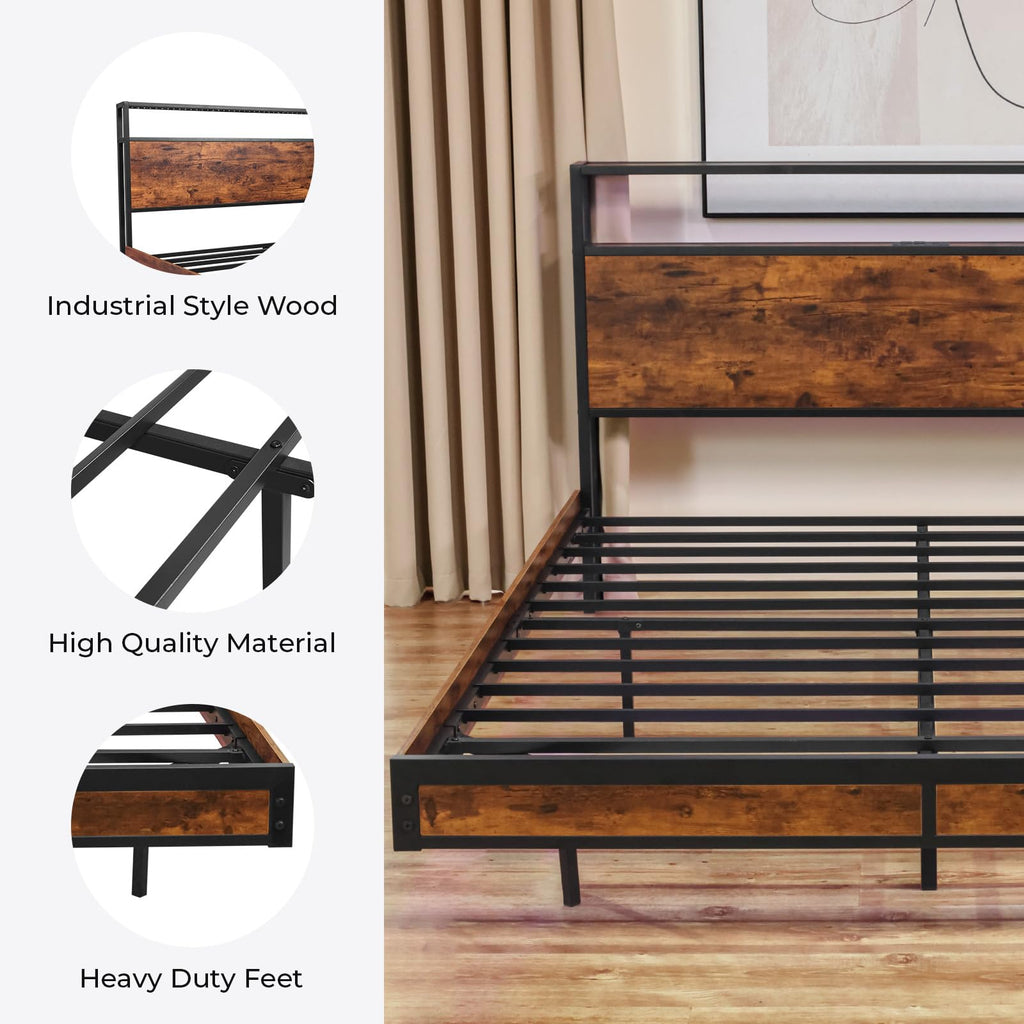 Queen Size Metal Platform Bed Frame with Storage Headboard A842