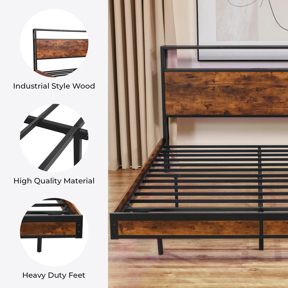 Queen Size Metal Platform Bed Frame with Storage Headboard A842