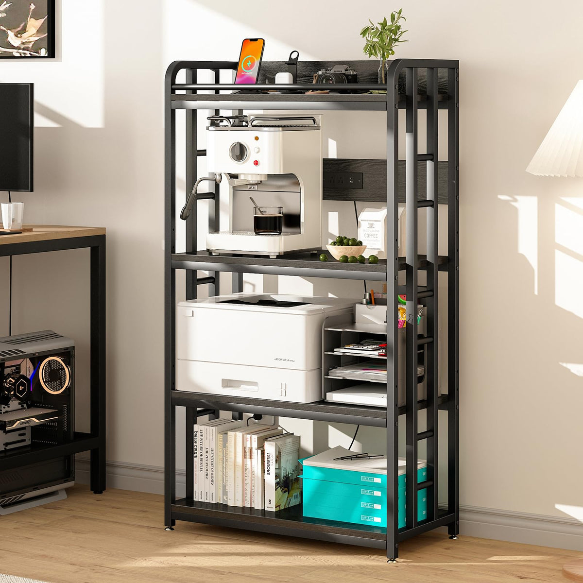 Black 4-Tier Kitchen Bakers Rack with Power Outlet and Lockable Wheels E7417