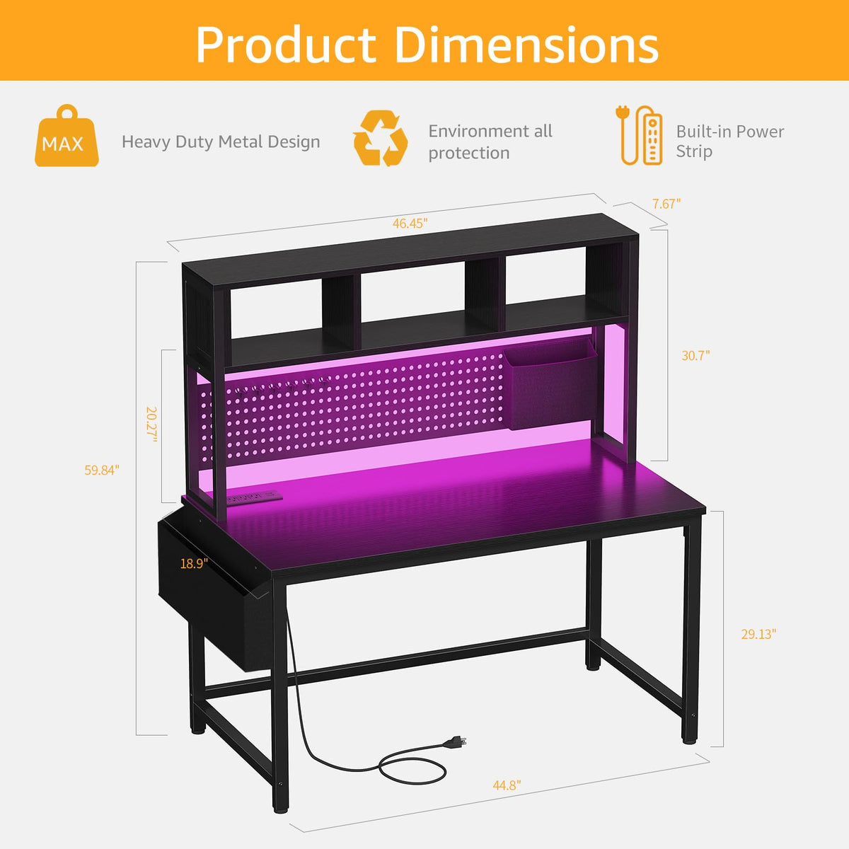 Black 47 Inch Gaming Desk with Hutch and Pegboard V809839