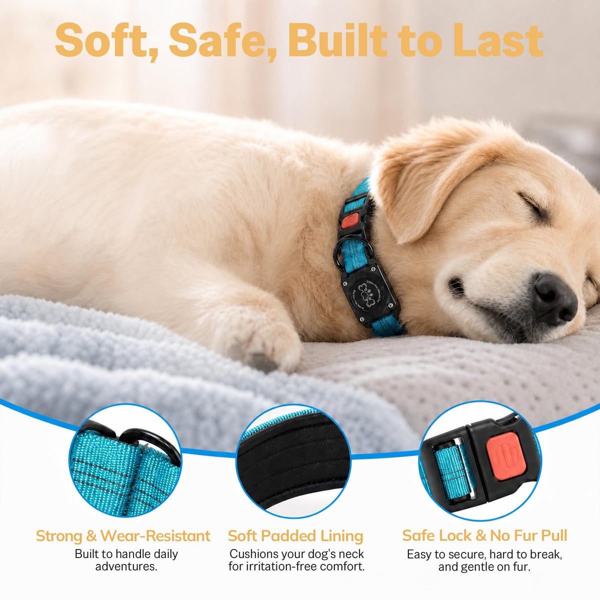Blue IP68 Waterproof Reflective Dog Collar with AirTag Holder J205