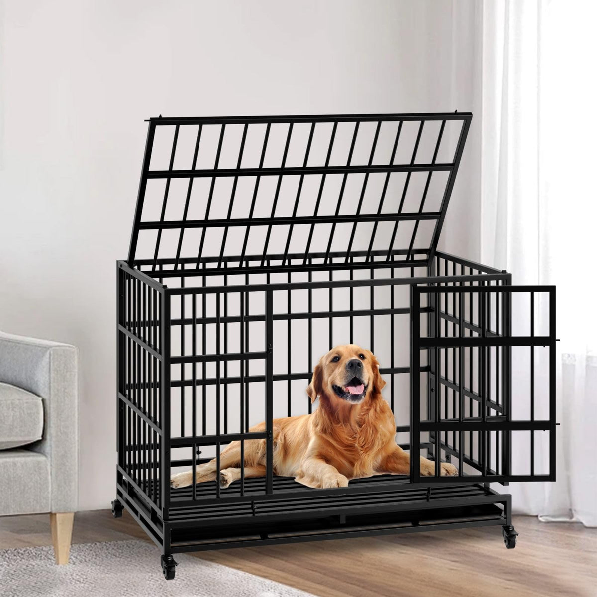 48 Inch Heavy Duty Metal Dog Crate with Wheels W811