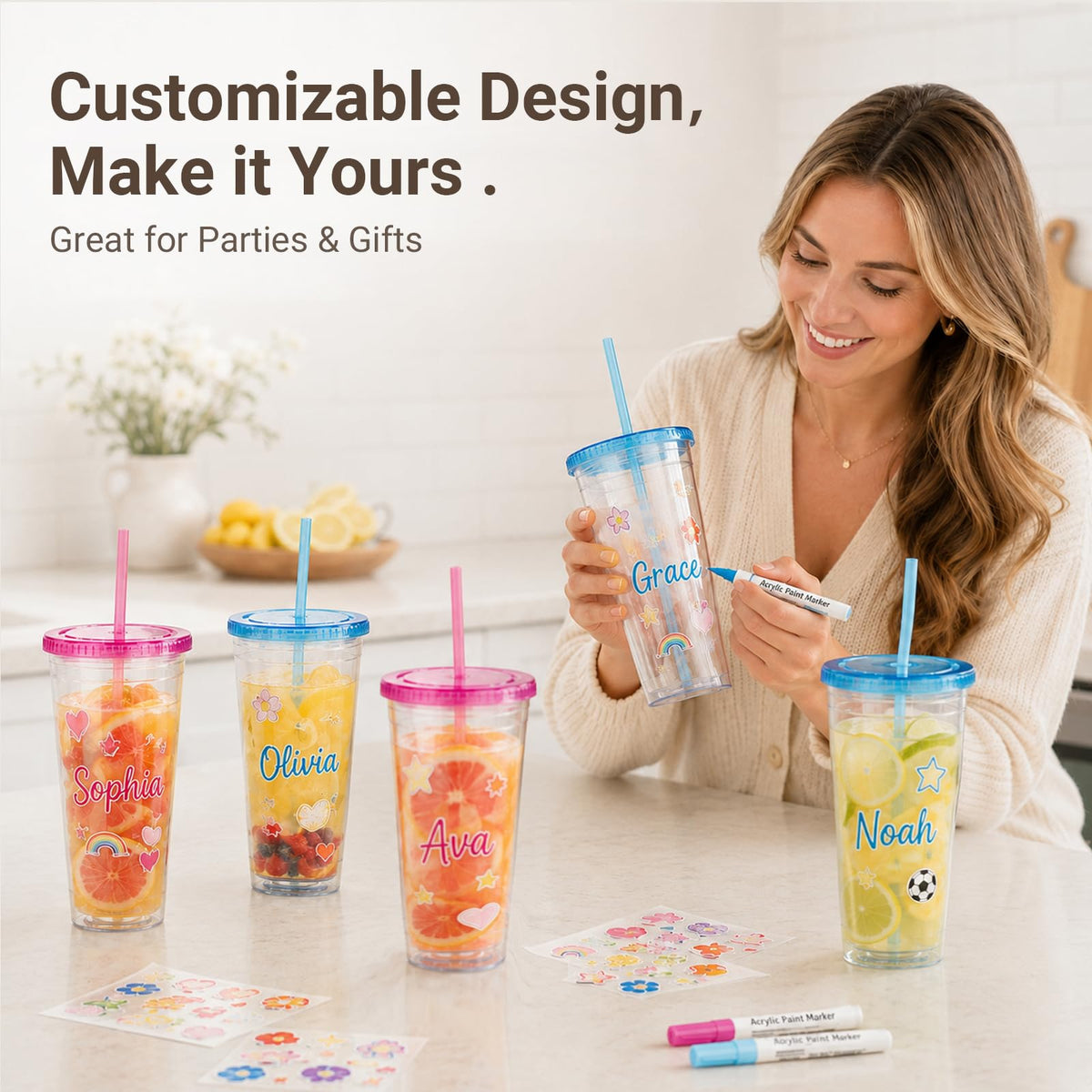 32oz Clear Tumblers with Lids and Straws C34819