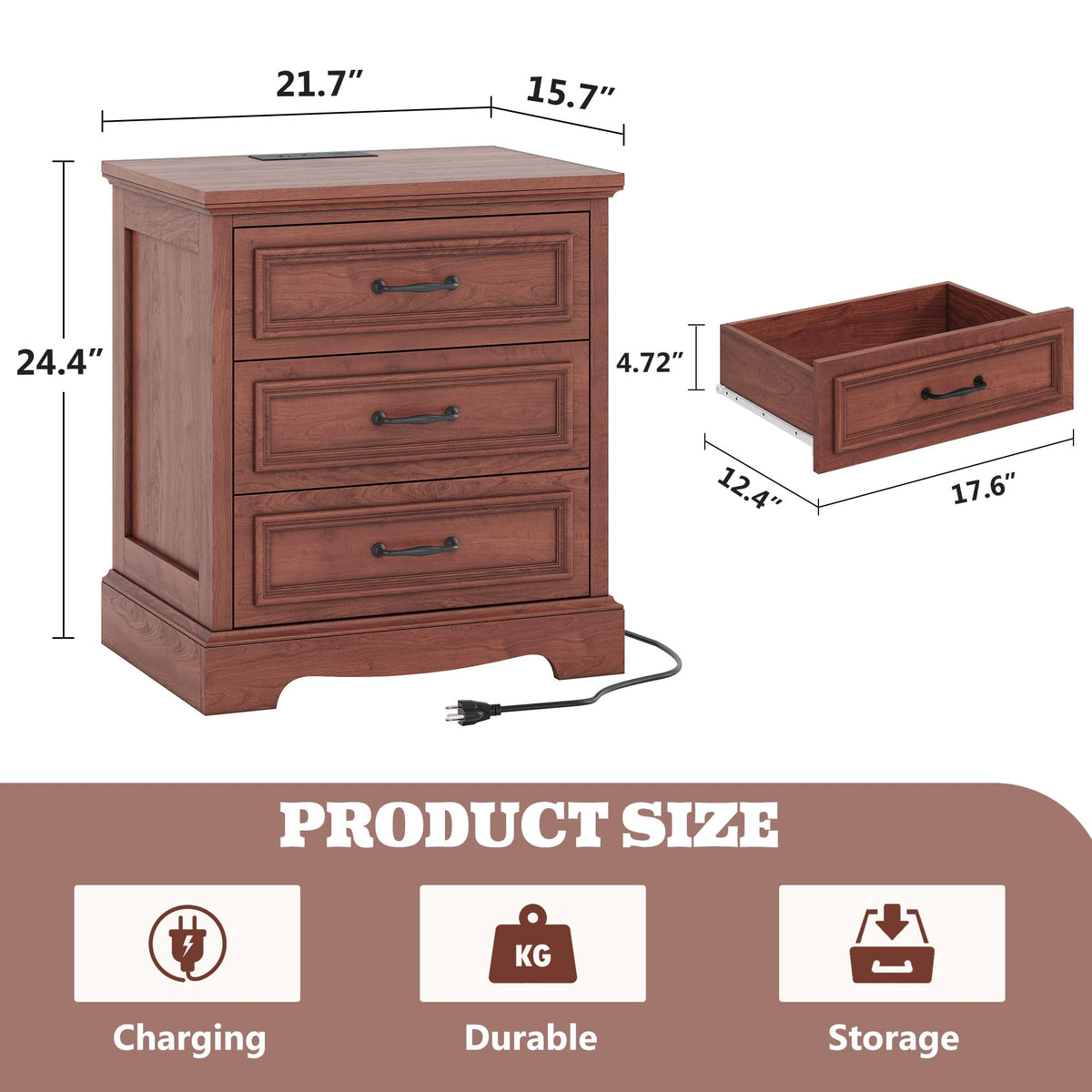 Cherry Brown 3 Drawer Nightstand with Charging Station G346030