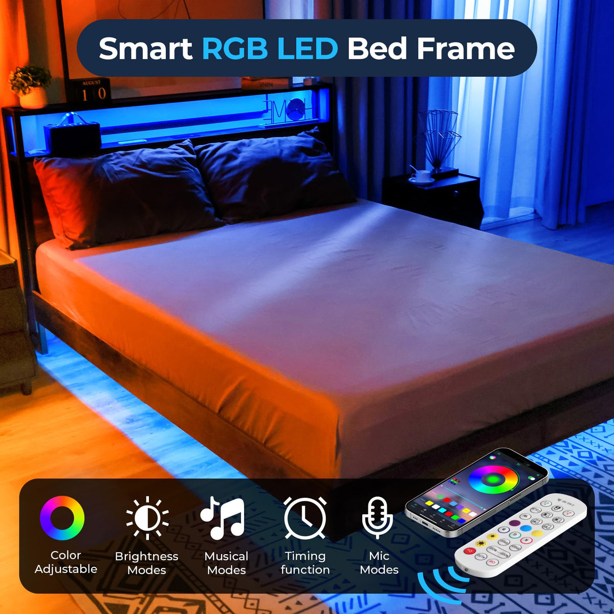 Queen Size Metal Platform Bed Frame with Storage Headboard A842