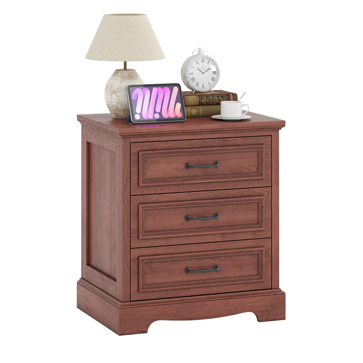 Cherry Brown 3 Drawer Nightstand with Charging Station G346030