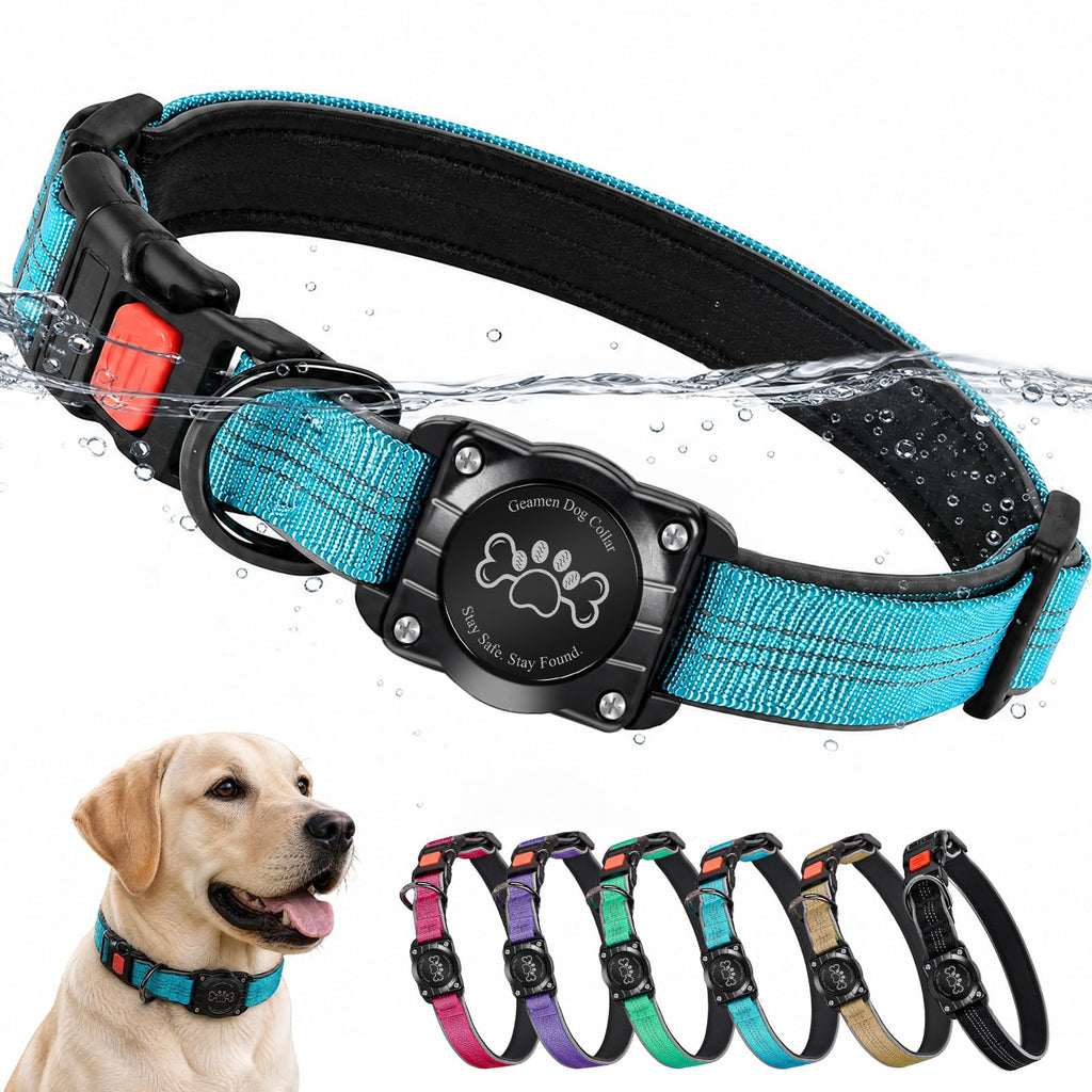 Blue IP68 Waterproof Reflective Dog Collar with AirTag Holder J205