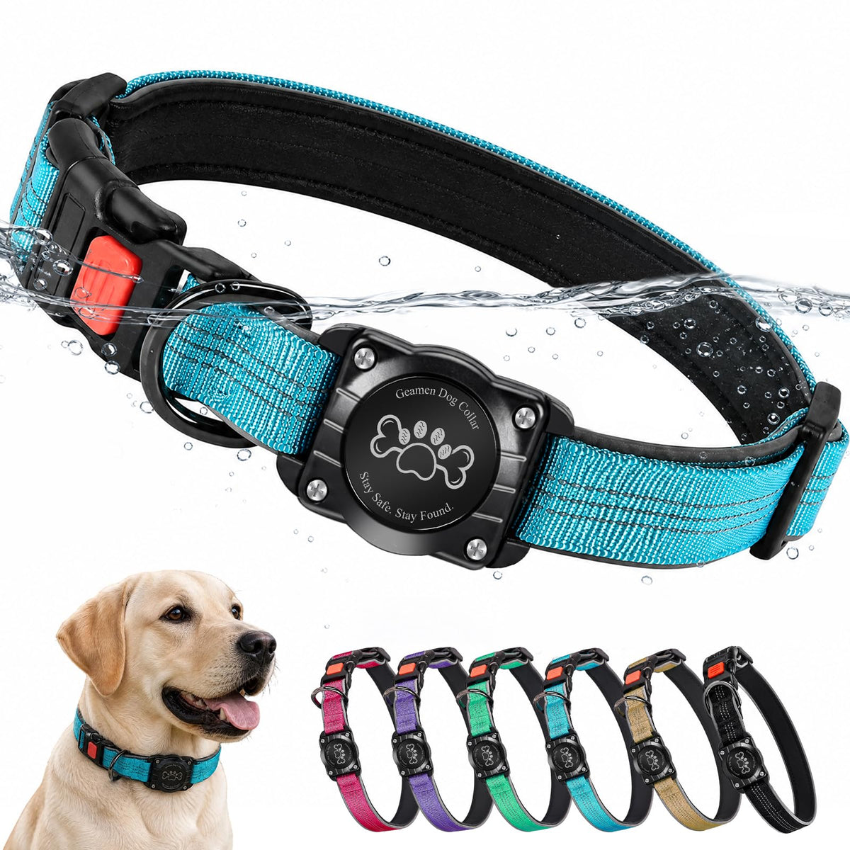 Blue IP68 Waterproof Reflective Dog Collar with AirTag Holder J205