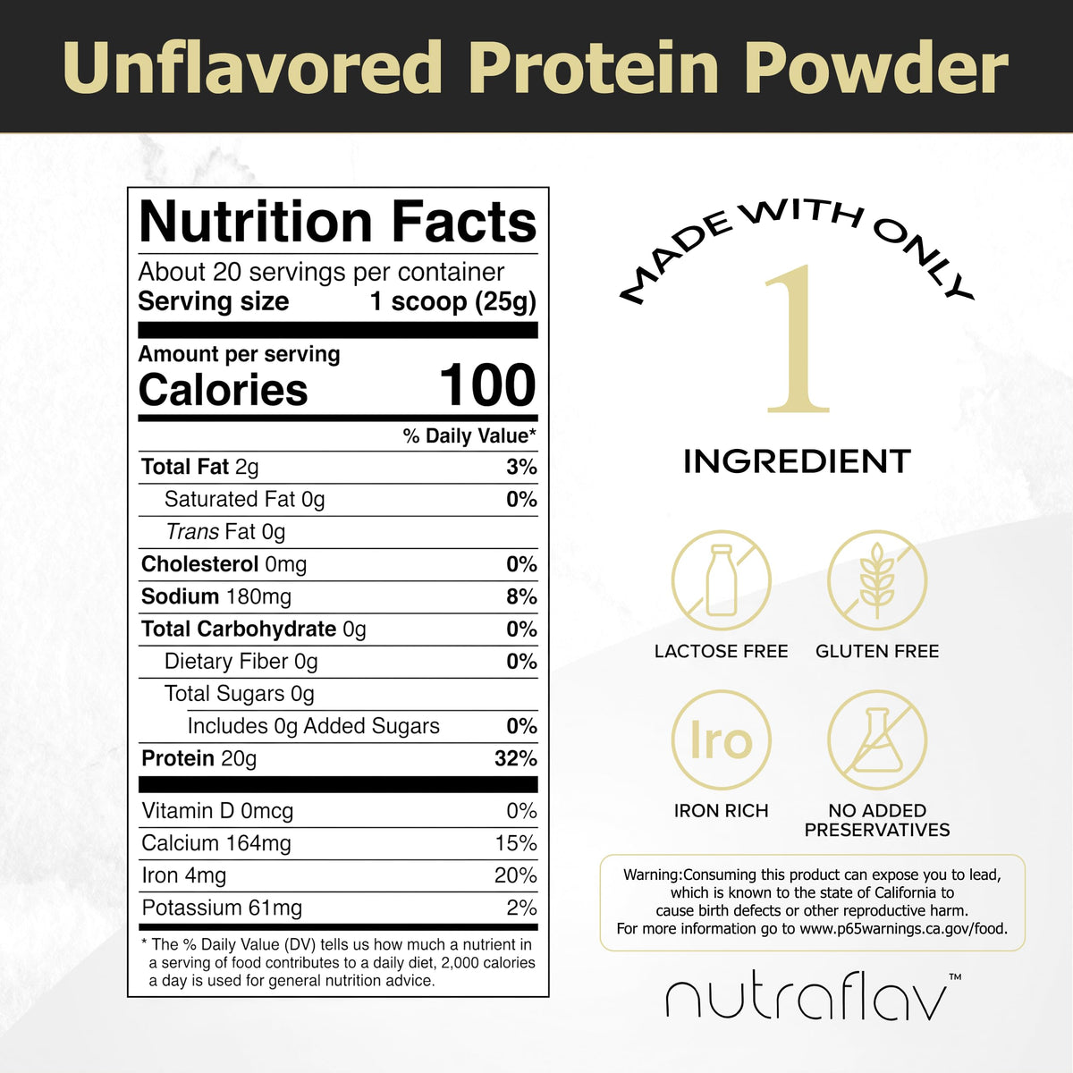 Unflavored Vegan Pea Protein Powder, 20 Servings R68548