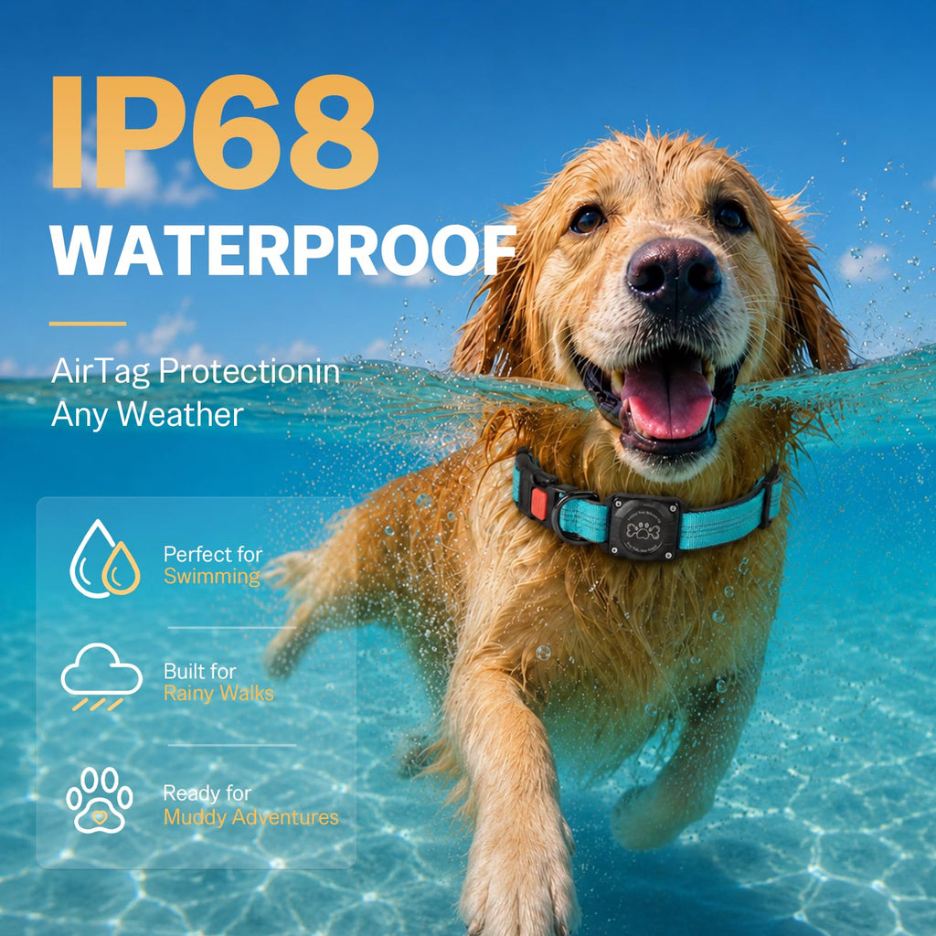 Blue IP68 Waterproof Reflective Dog Collar with AirTag Holder J205