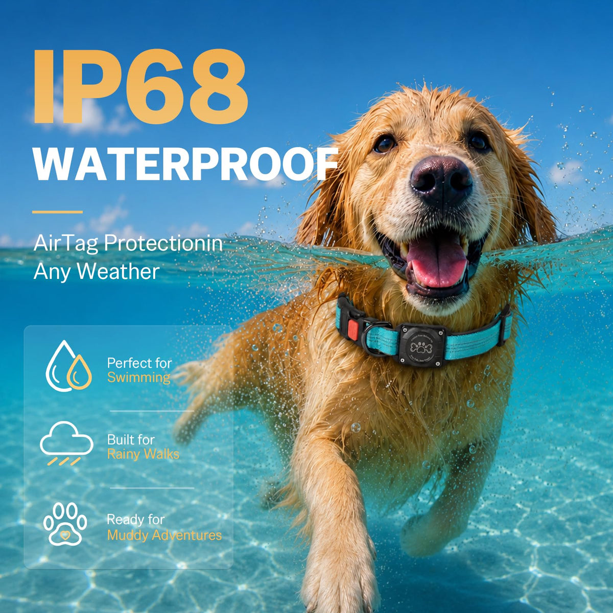 Blue IP68 Waterproof Reflective Dog Collar with AirTag Holder J205