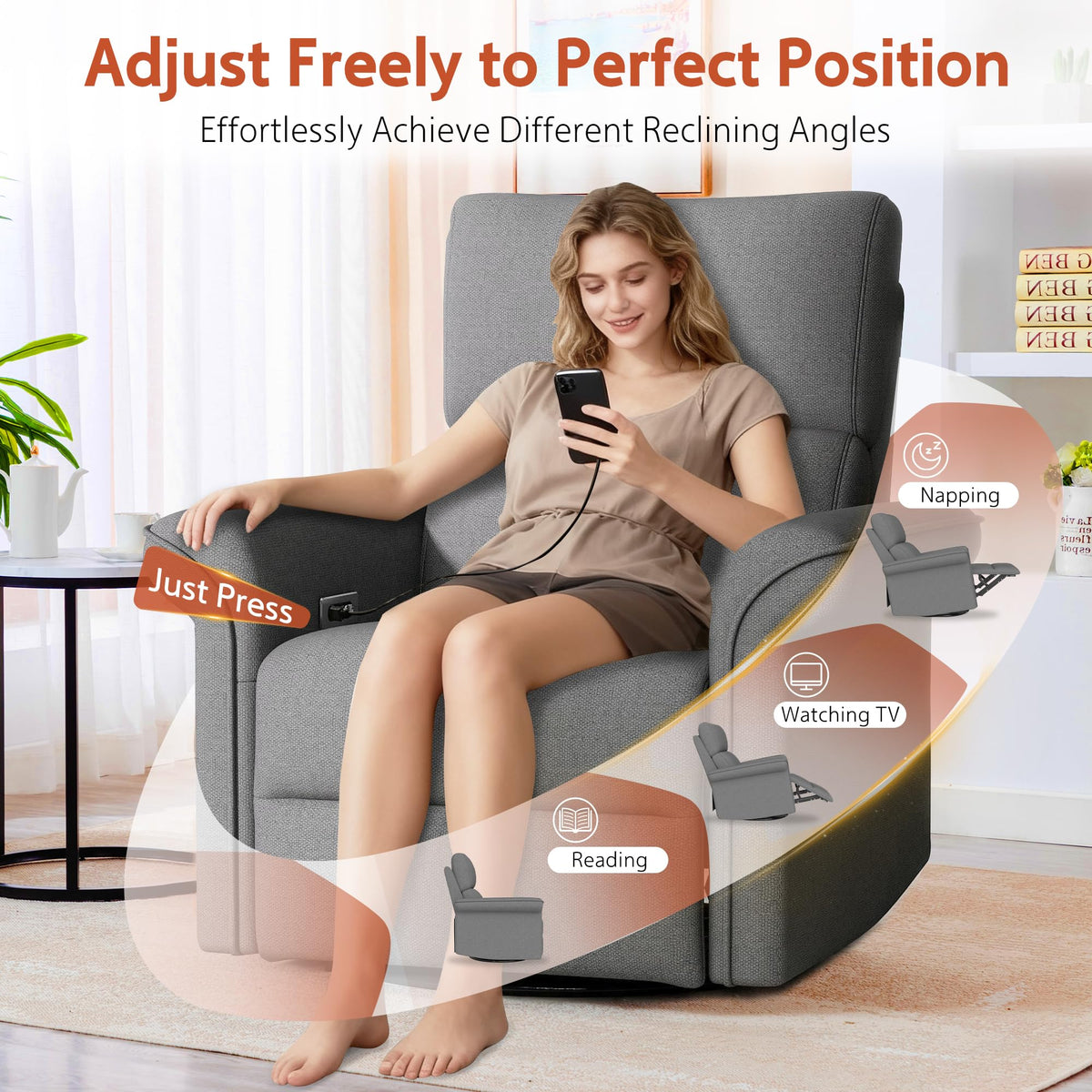 Velvet Grey Swivel Rocker Recliner Chair Q601018
