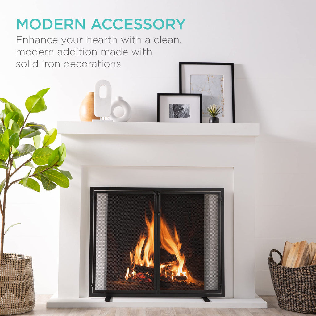 38.5x31in 2-Door Black Wrought Iron Fireplace Screen S587748