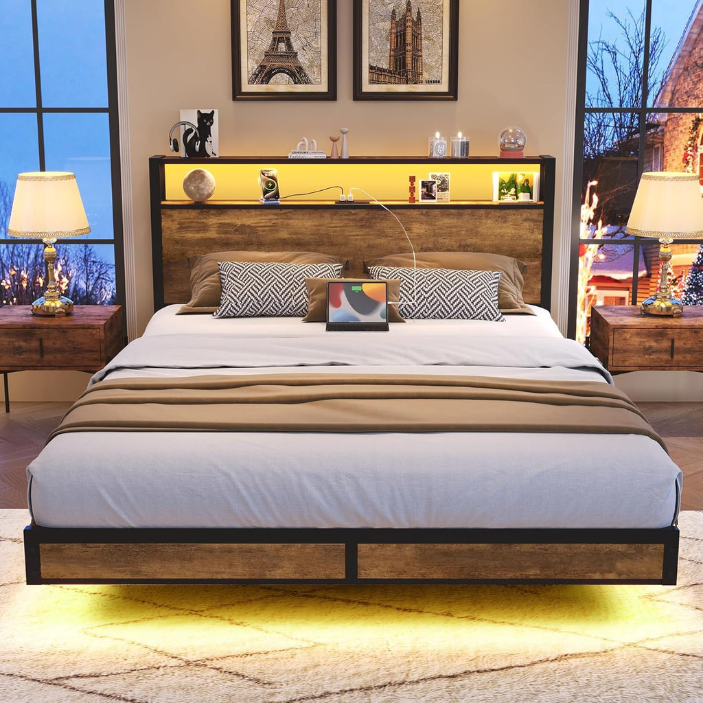 Queen Size Metal Platform Bed Frame with Storage Headboard A842
