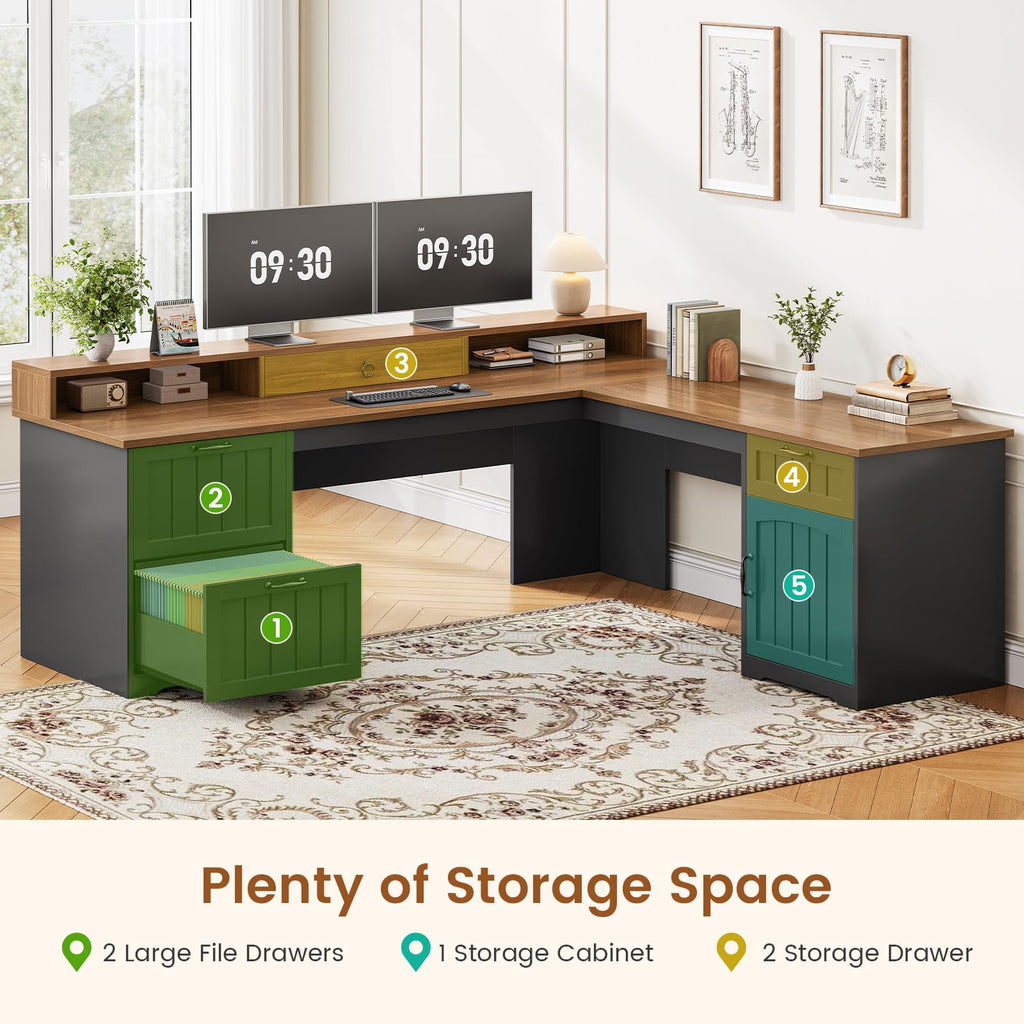 63" L Shaped Desk with Drawers and Storage Cabinet A852