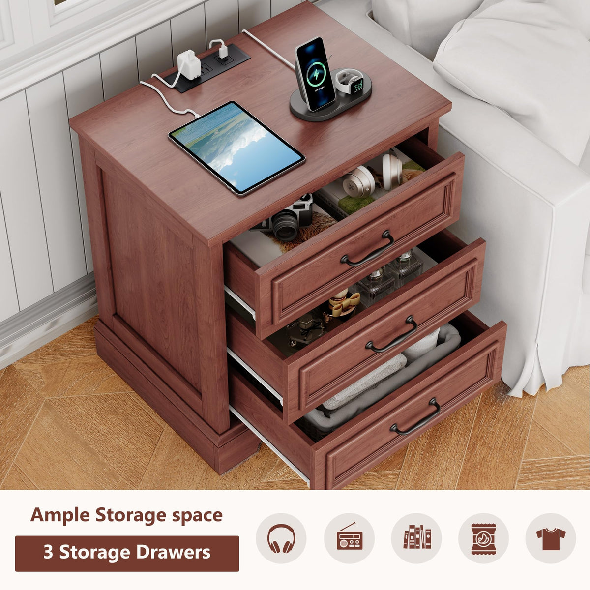 Cherry Brown 3 Drawer Nightstand with Charging Station G346030