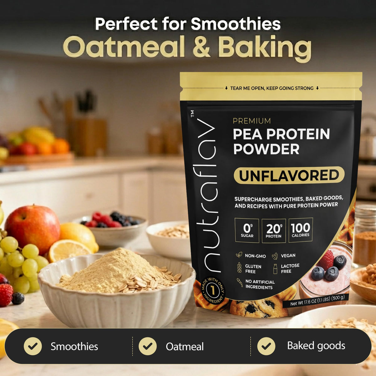 Unflavored Vegan Pea Protein Powder, 20 Servings R68548