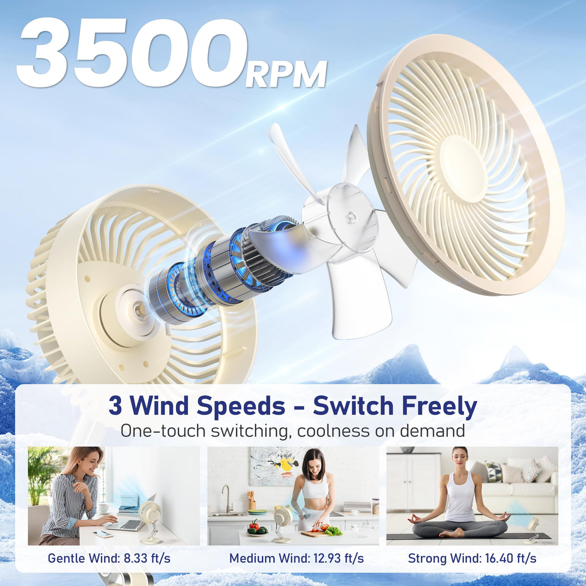 Small Quiet Table Fan with Metal Stand 3 Speed 2000mAh Rechargeable E2938