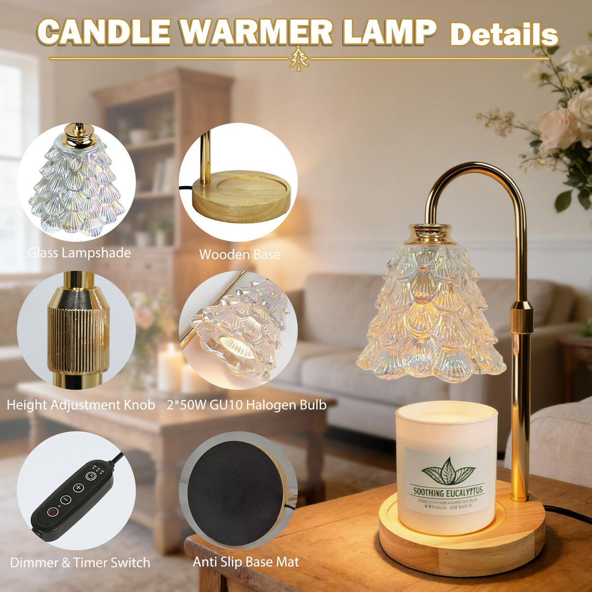 Candle Warmer Lamp with Timer Dimmable Adjustable Height C3957