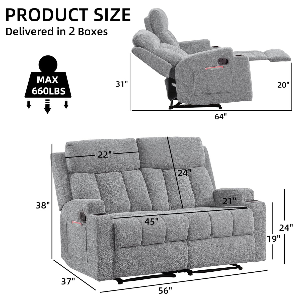 Soft Fabric 2 Seat Recliner Sofa with Cup Holders U248