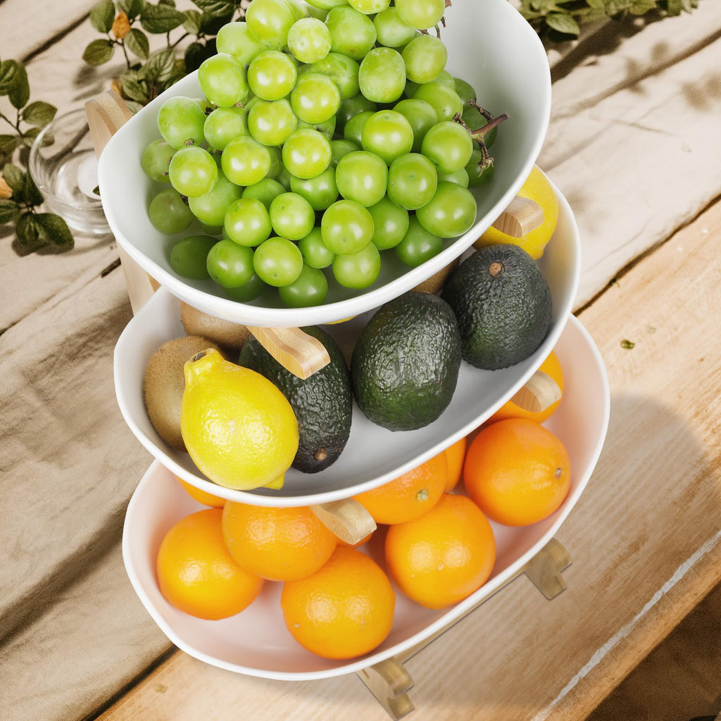 3 Tier Ceramic Fruit Bowl with Bamboo Stand R9760
