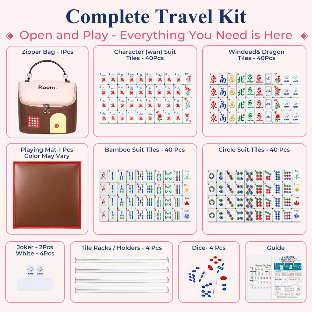 American Mahjong Set 166 Mini 0.8-Inch Tiles 4 Racks Pink Q476668