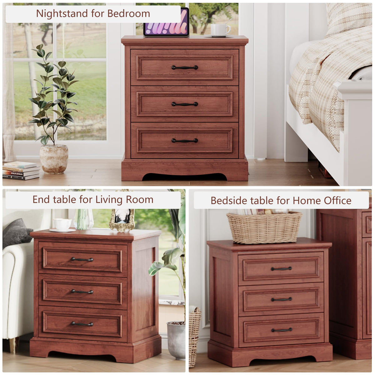 Cherry Brown 3 Drawer Nightstand with Charging Station G346030